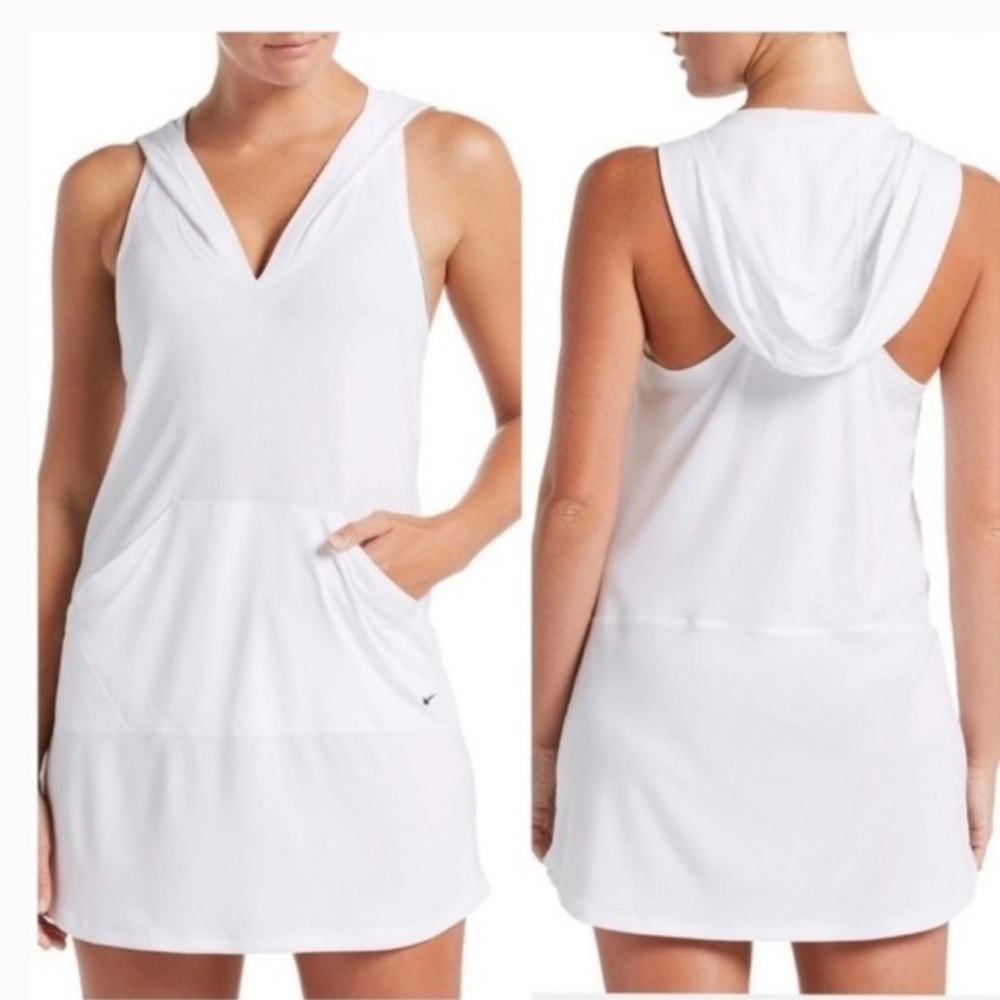 Now swim coverup dress mini kangaroo pockets hood lightweight layered white M